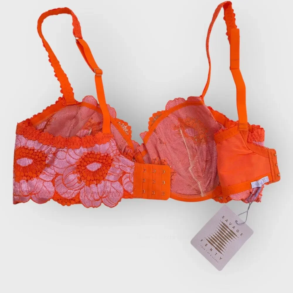 SavagexFenty Perfect Poppies Unlined Lace Demi Bra 38D Pink Orange Festival Top - Picture 7 of 10